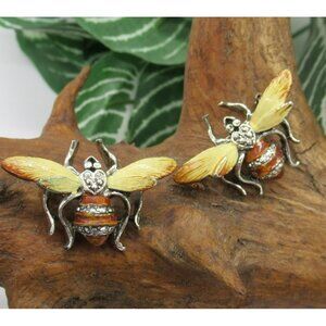 Vintage Bumblebee Collar Brooches Pair Enamel and Rhinestones Yellow Brown
